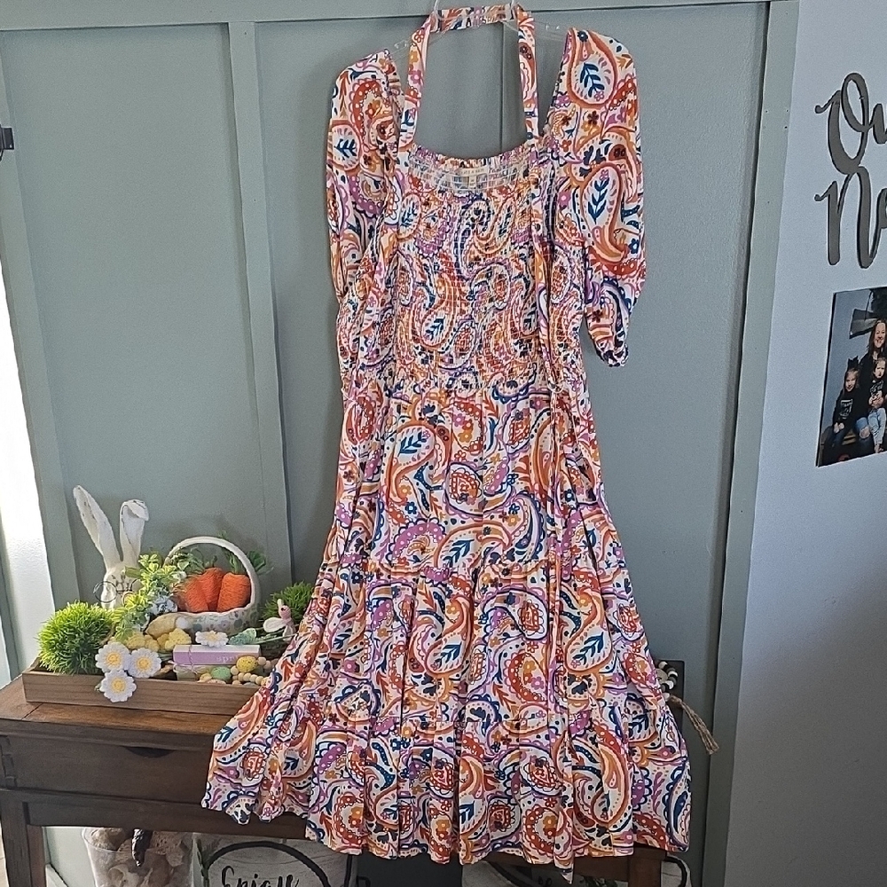 Floral Paisley Cotton Sundress in Pink,Peach and Blue White/Cream Background